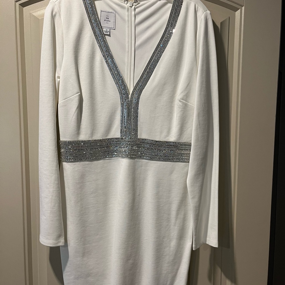 David's Bridal White Dress with Silver Accents